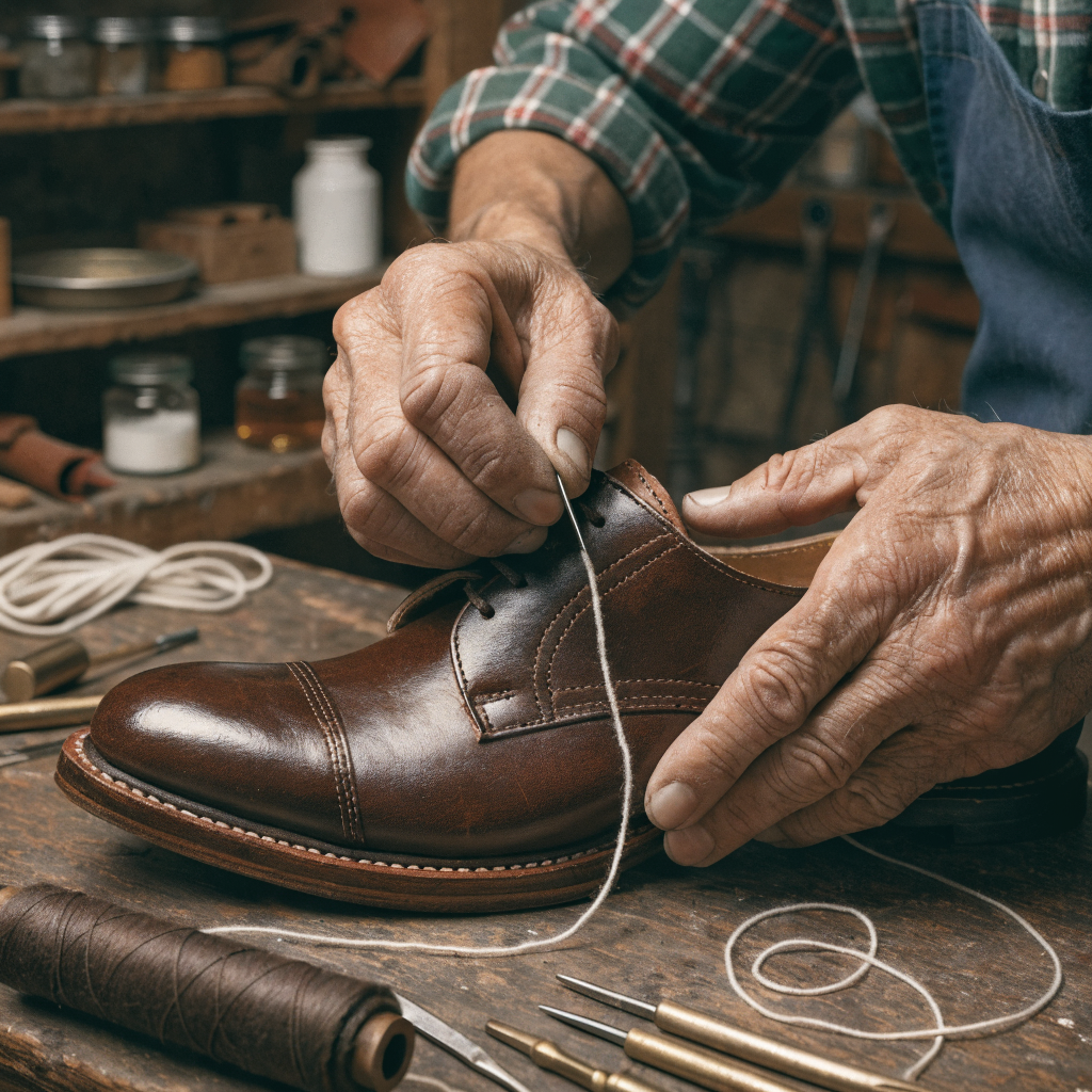 Artisan travaillant le cuir dans l'atelier Salamander