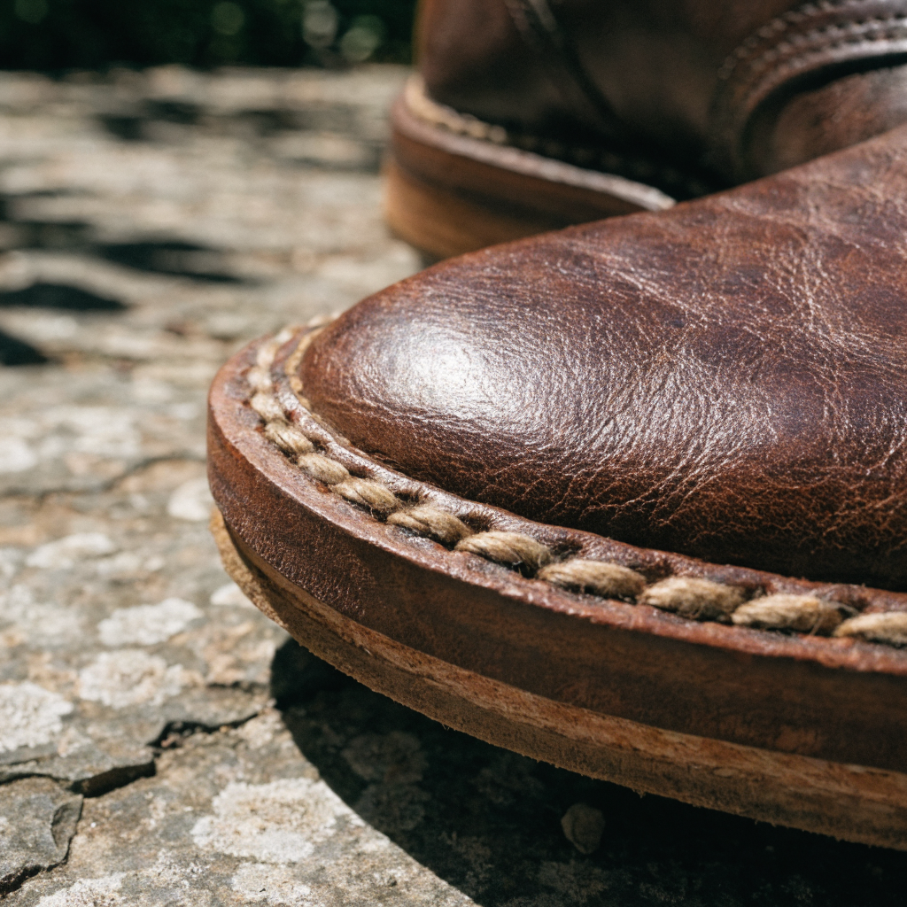 Détail de couture artisanale sur une chaussure en cuir