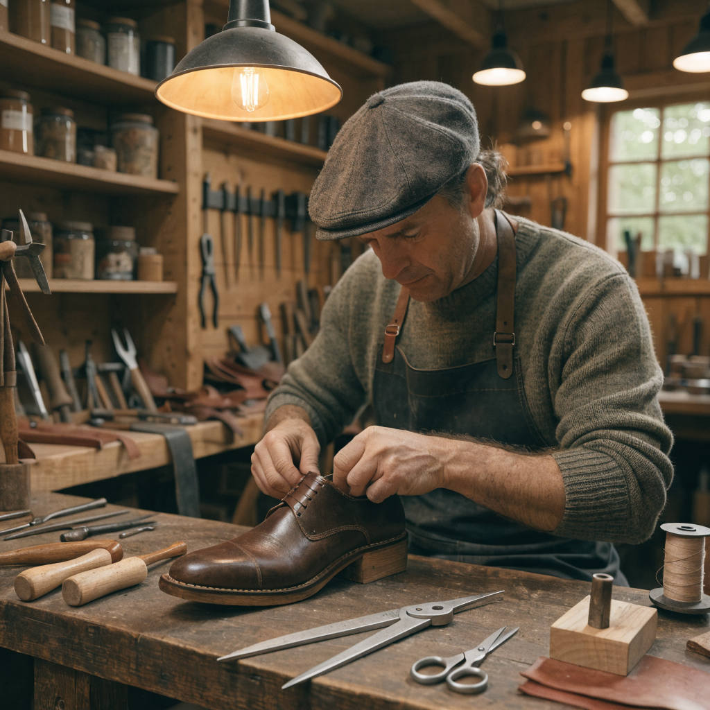Artisan assemblant une chaussure Salamander dans l'atelier